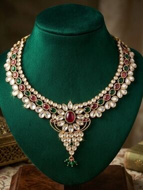 Traditional Gold-Tone Kundan Necklace with Green and Red Stones